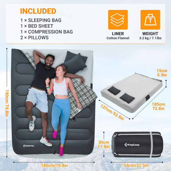 King Camp 2206 airbed sleepingbag 250d -4°с 190x180 спальный мешок (т.серый)